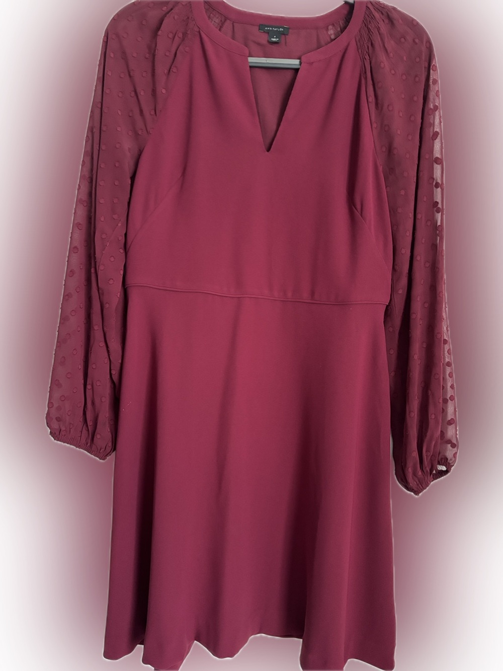 Ann Taylor Burgundy Long-Sleeve Swiss Dot Sleeve A-Line Dress